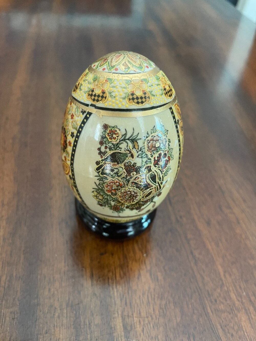 Vintage Pheasant Floral Ceramic Decorative Egg Gold Paint 3" Wood Base!